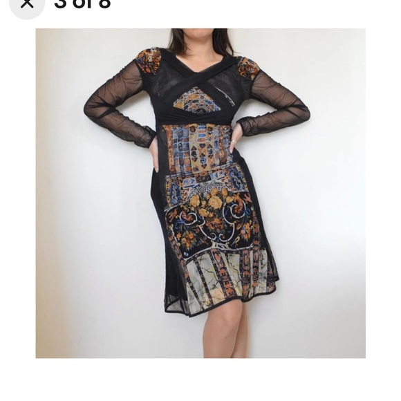 Vintage rare long sleeve midi mesh black with floral Save the Queen mesh dress - Picture 3 of 8